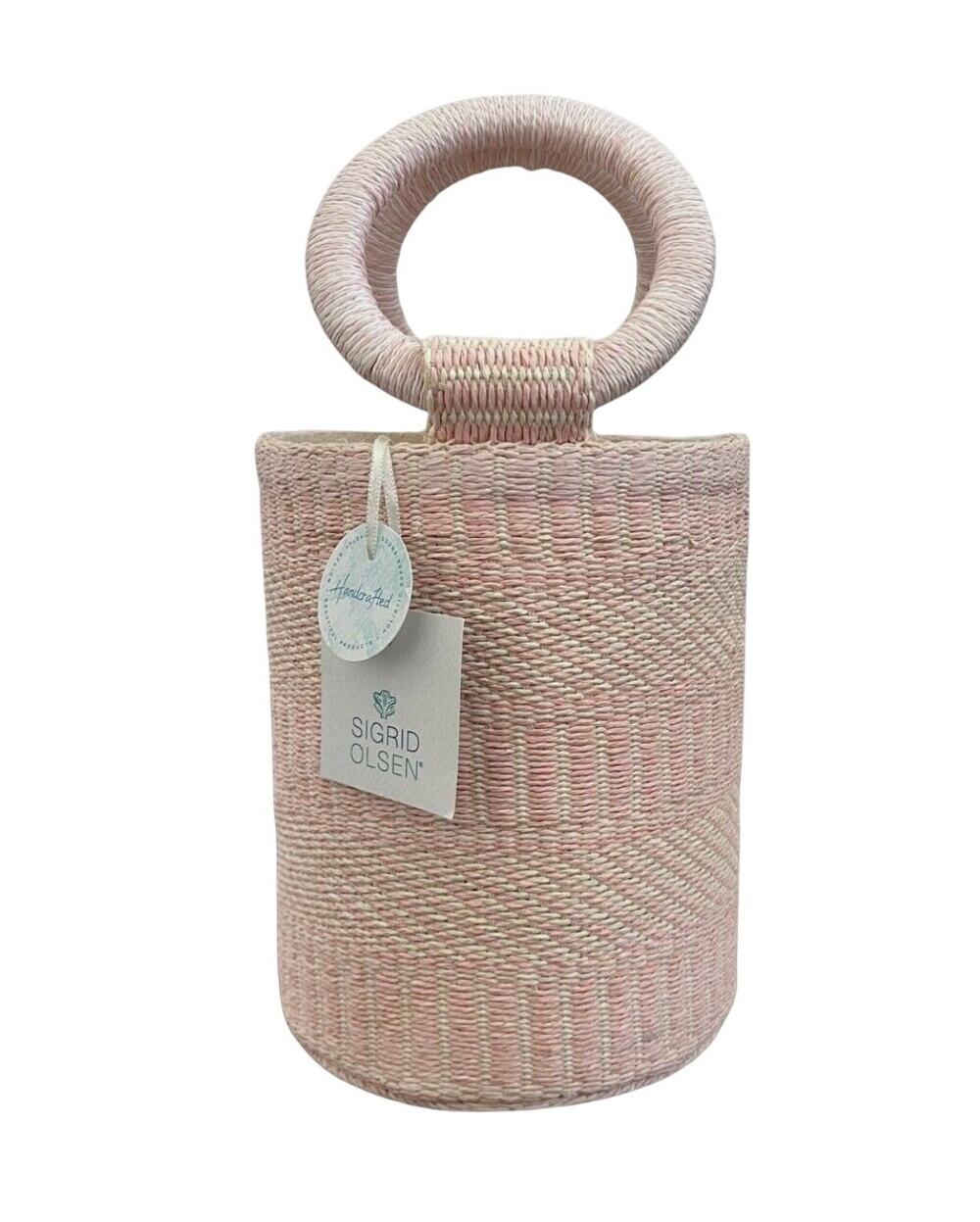 SIGRID OLSEN Woven Pink & Cream Bucket Handbag Purse Tote Beach Fashion NEW